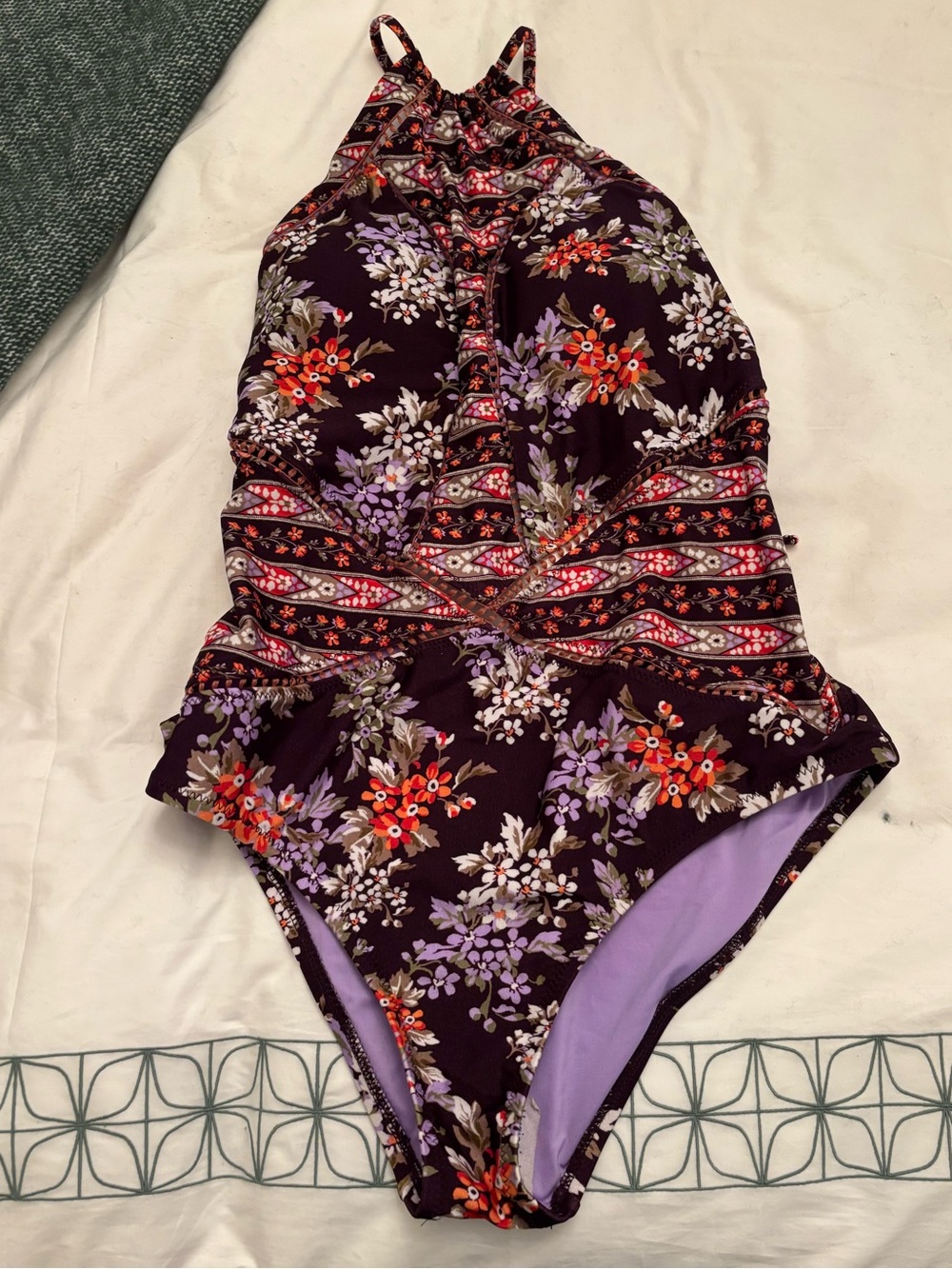 BECCA Prairie Rose Floral Halter One-Piece Swimsuit - Purple size L NWT